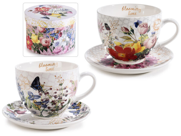 Tazza porcellana "Flower Passion" c/piattino in scat.regalo Tazza: Ø 11 cm x 8,5 H Capacità: 450 ml - Piattino: Ø 15,5 - Scatola regalo: Ø 16,5 x 11,5 H - Con scritta in simil oro lucido - Con design a 360°