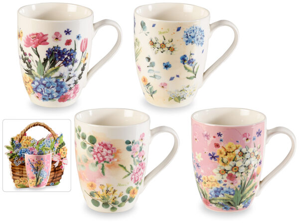 Cod. M72.12.67 Spedizione immediata Tazza in porcellana "Fiori di campo" in confezione regalo Tazza: Ø 8 cm x 10,5 H Capacità: 350 ml - Confezione: 19,5 x 8,5 x 19,5 H - Con design a 360°